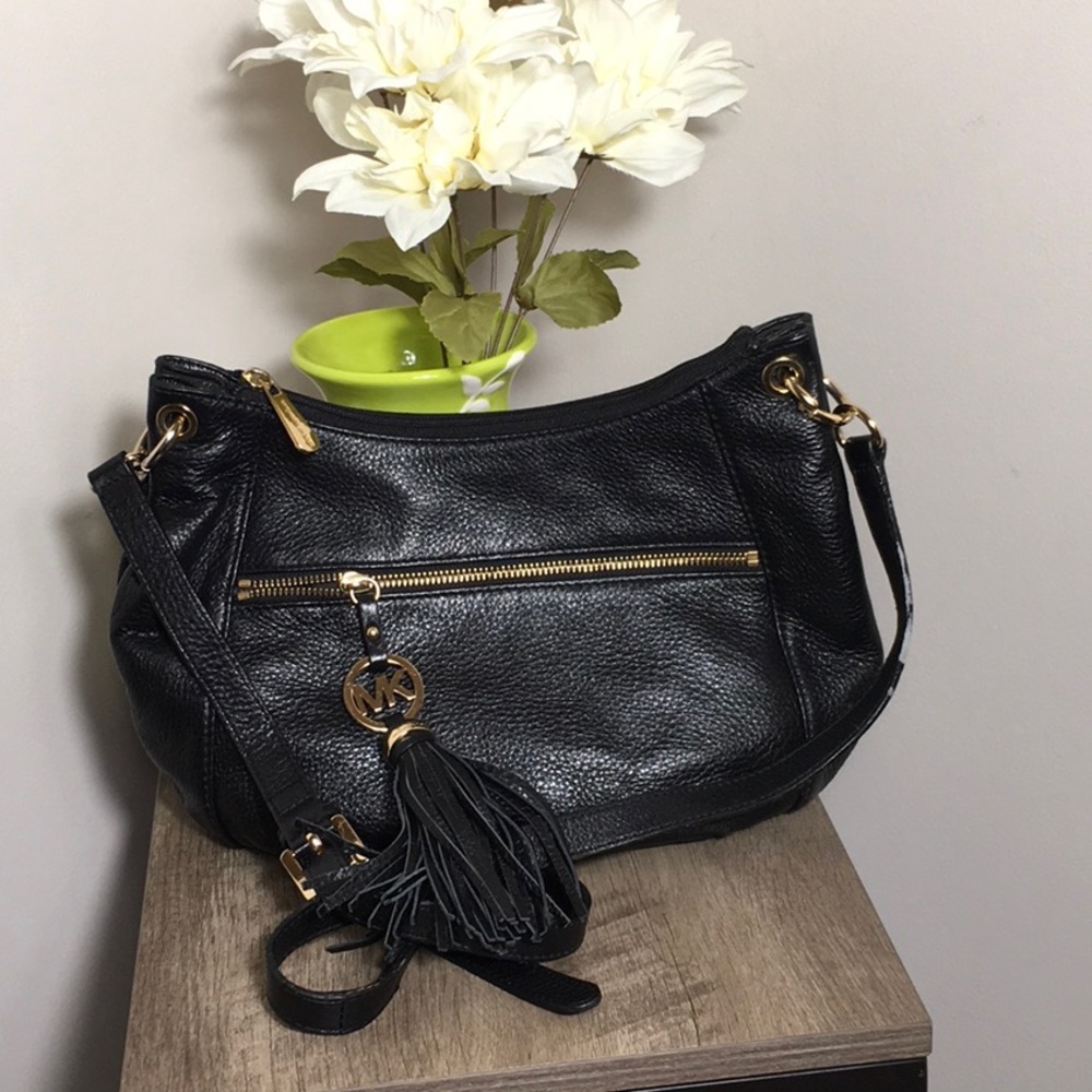 Michael Kors Black Leather Shoulder Bag with Tassel Charm
